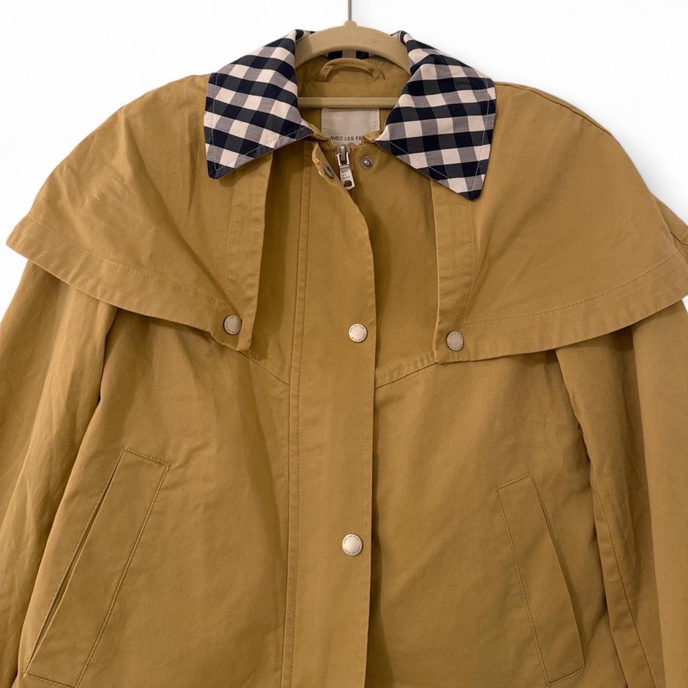 Avec Les Filles Gingham Trim Cape Trench Jacket Khaki Tan XS NWT - Picture 10 of 12